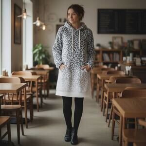 Wildfox Gray Leopard Print Fuzzy Hoodie Dress L/XL Cozy Lounge Sweatshirt Tunic